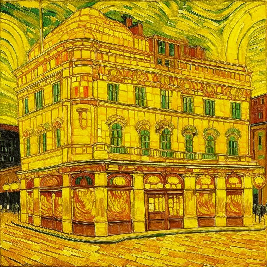 A yellow casino with flashing lights painted by Vincent van Gogh