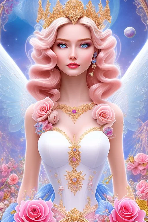 Magnifique woman, lady fairy, facing happy, voluptuous white, pink enchanted flowers, wings magic, long big dress, pink outerspace stars planets, Beautyful smiling, young woman, long hair amazing blue eyes, flowers, happy cosmic, bright colors, blue, pink, gold, jewels, realistic, photo real, clear sunny background, highly detailed, high contrast, 8k high definition, unreal engine 5, extremely sharp detail, light effect, sunny light background