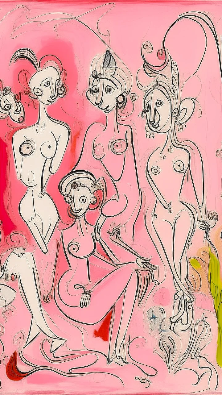 A pink realm with fairies in stylish ink drawing painted by Pablo Picasso