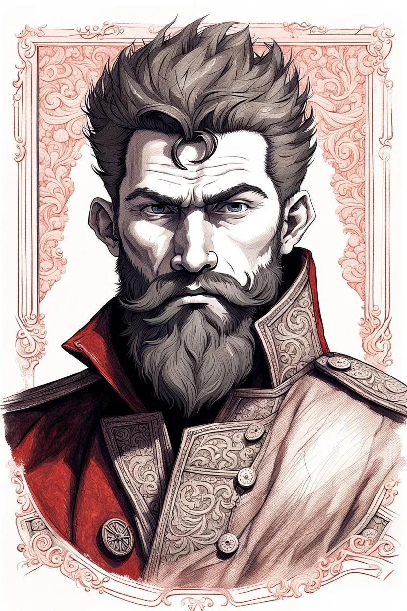 man, age 20, medieval, fighter, russian, croocked nose, czar, rich, simple clothes, short messy hair, thick beard, oligarch, leather coat with fur, brocade clothes, pencil drawing, black or red hair, muscles