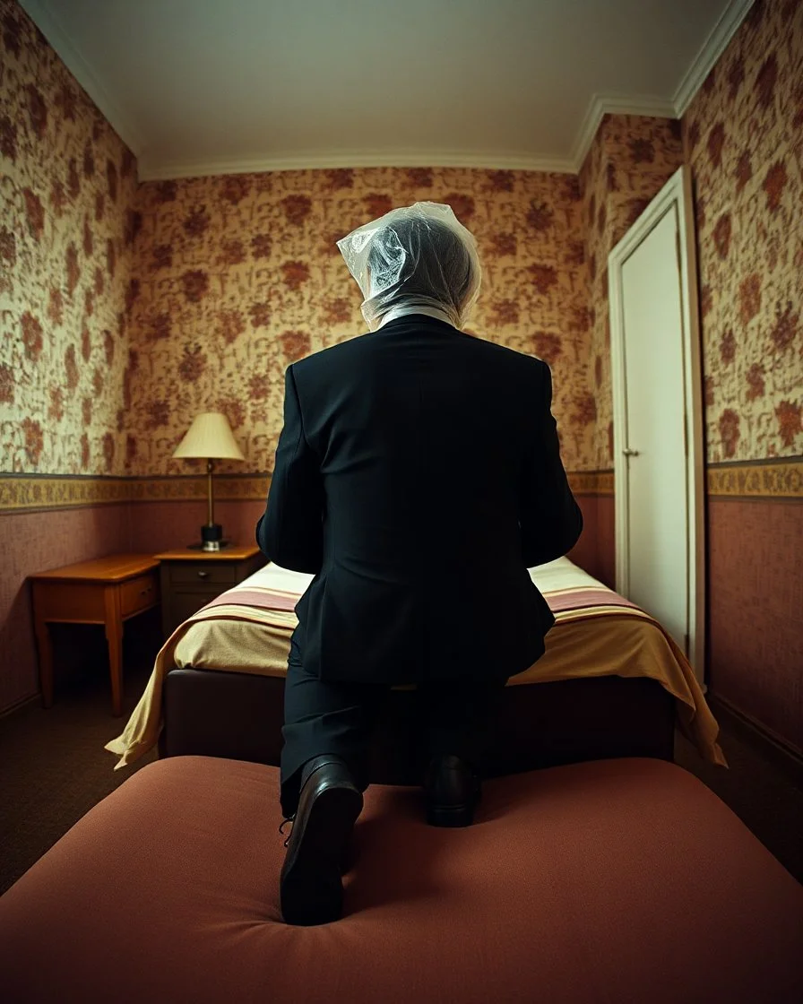 man with plastic bag over his head sits on the edge of a bed with his feet on the ground, facing camera, inside an old, 70s style motel room with tacky wall paper. he is wearing a black suit with a melincholy attitude. there is a box tv facing away from camera, illuminating his front. from this view, you cannot see the front of the tv. full room view, super wide shot, 24mm lens view, film syle.