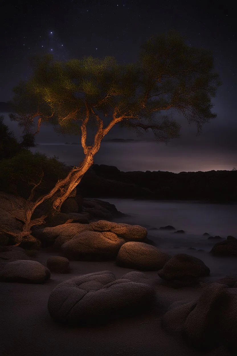 Night, trees, rocks, mountains, photography