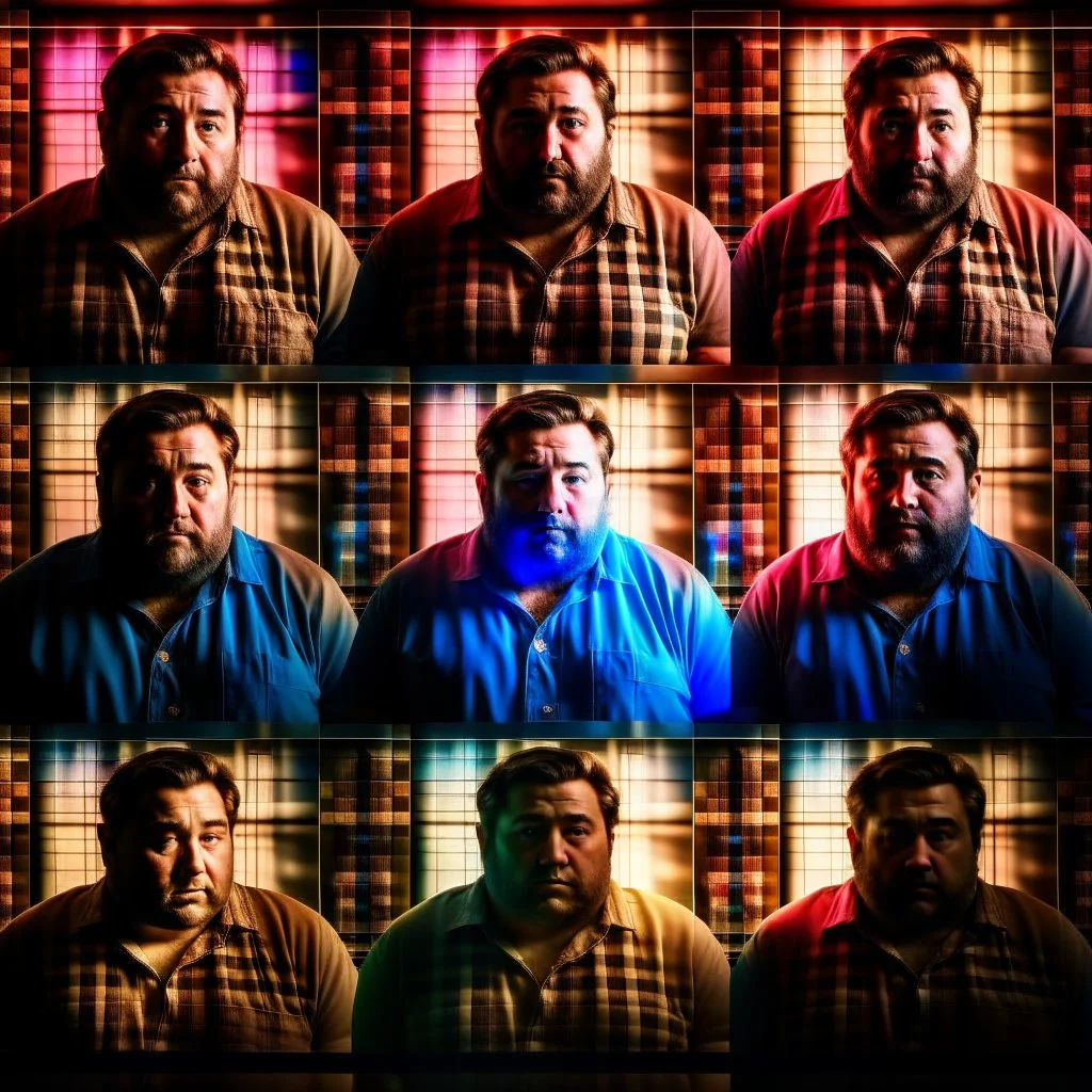 vintage photos glued into a comic book arranged in panels, in each panel is a (photorealistic) sad, depress, fat, overweight man, perfect compostition, hard lighting, extreme shadows