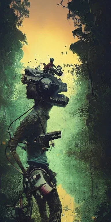 Cute silouhette of man character with one chainsaw each protruding out of head and hands, in Singapore's iconic landscape, highly intricate hyperdetailed matte photography by Ismail Inceoglu,Sakiyama,James Gurney,Victro Ngai & Kaluta,cover art,poster art,long exposure,cel-shaded,masterpiece,award-winning