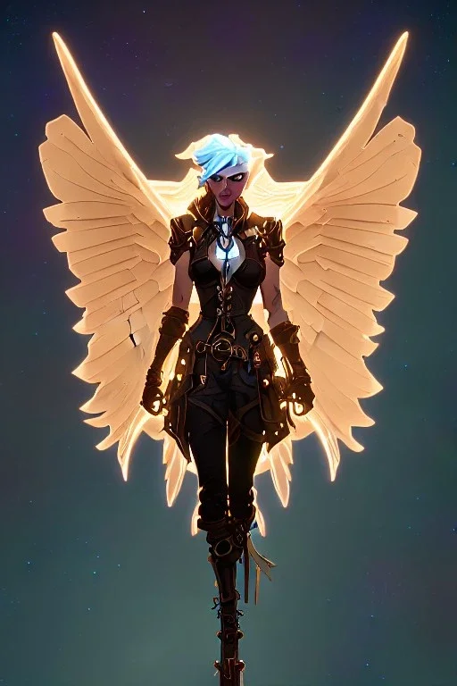 steampunk angel flying in a starry night, pale, golden glow, majestic