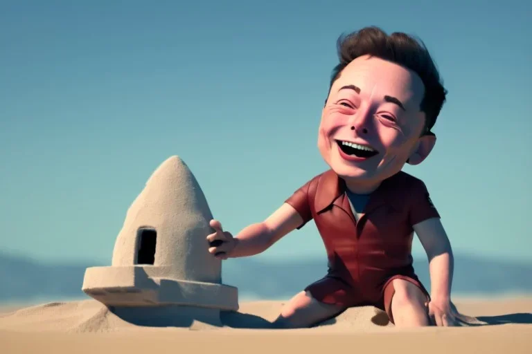 Elon musk as a Happy baby building a rocketship sandcastle on the beach