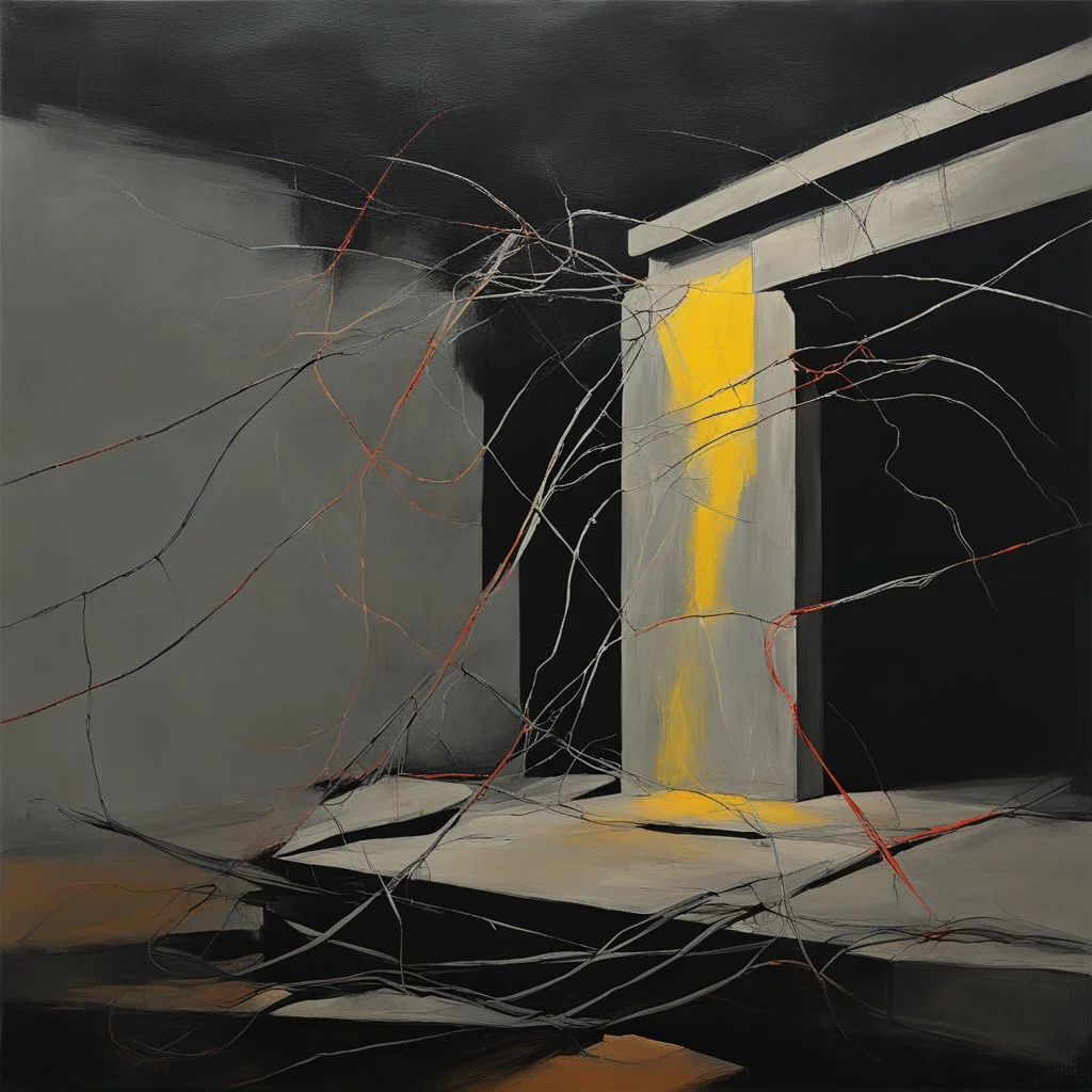 Minimal abstract oil painting of a falling person limbs sinew. Amongst concrete fragments brutalist architecture and hanging wires illuminated at night. Bright triadic colour In the style of Justin Mortimer and Phil Hale and Ashley Wood