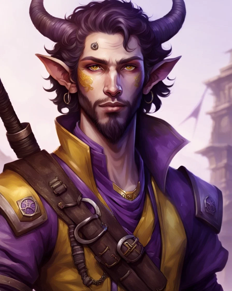 male humanoid tiefling, pirate, pale white skin, yellow eyes, soft purple lighting, small ears, short beard goatee, functional clothes