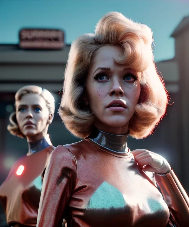 Ultra Realistic retro sci-fi movie Supermarket parking scene, 1960 year, waist up view portrait, 2 clones blonde women, sweet teenager Jane Fonda face, perfect iris, glow eyes, face makeup, tight latex coat, Scare people, Retro sci-fi style, soft color, highly detailed, unreal engine 5, ray tracing, RTX, lumen lighting, ultra detail, volumetric lighting, 3d, finely drawn, high definition, high resolution.