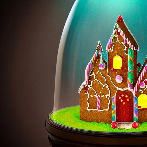 an intricate gingerbread house with vibrant candy and rainbow sprinkles under a glass dome on a darkwood table, 8k resolution, centered, high-quality, ultrafine-detail, digital art, flickering light, detailed matte, volumetric lighting, illustration, 3D octane render, brian froud, howard lyon, ben goossens, George Grie, greg rutowski, alphonse mucha