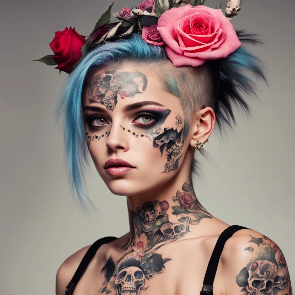 youthful Tank Girl, her dreamy eyes, with lovely skeletal tattoos adorned in delicate skulls, roses, and bones