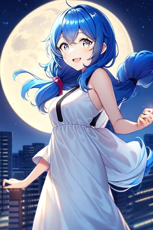 girl, masterpiece, best quality, cinematic lighting, detailed outfit, vibrant colors, perfect eyes, blue hair, long hair, white eyes, low tied hair, messy hair, white dress, night sky, rooftop, town, sparkle, laughing, moon,