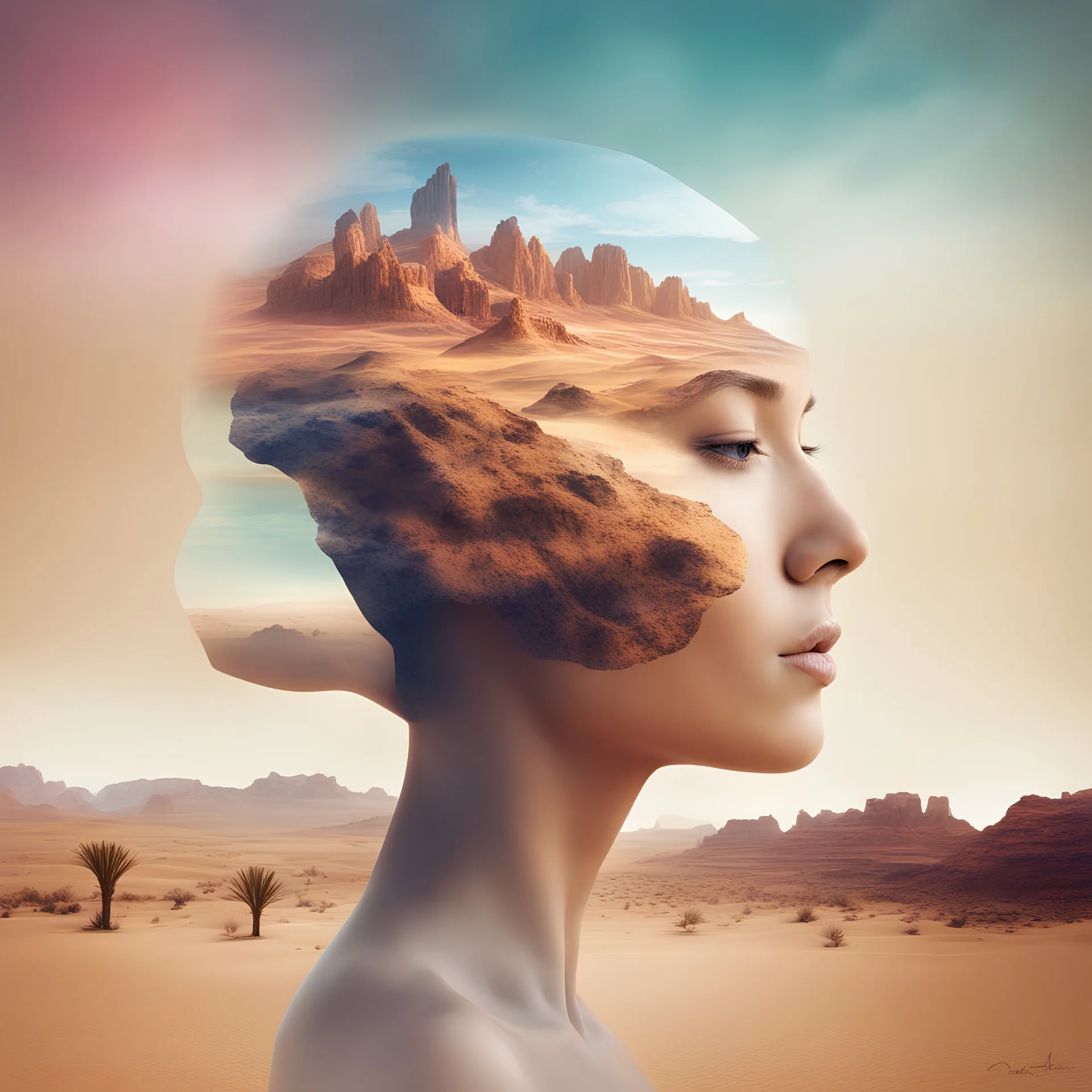 double exposure, woman's head, exposure art, desert landscape 3D natural background, beautiful colours, masterpiece, realistic highly detailed, photorealistic