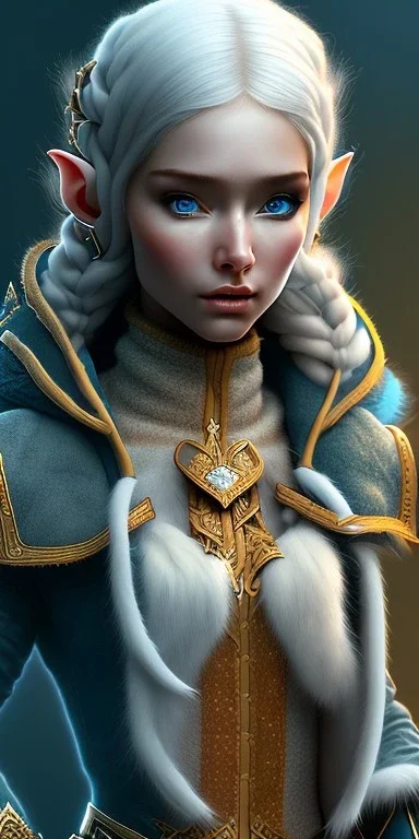 Cute and adorable female elven adventurer with ultradetailed SMALL elven ears dressed in a warm overcoat with survival gear, with adorable symmetric face and boots, in style of Cedric Peyravernay Art, microdetails --ar 2:3 --beta --upbeta --upbeta