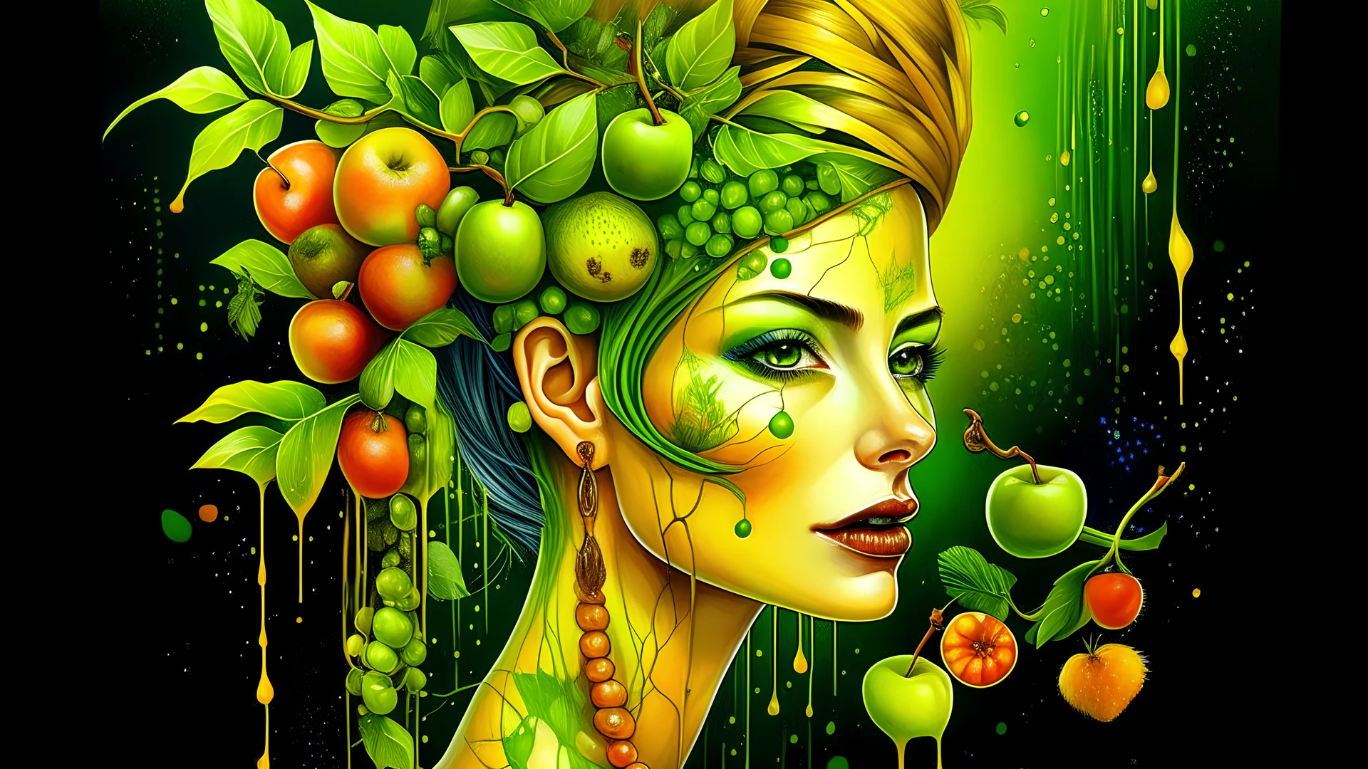 green background, Punk Woman 49 years old, hair made of Fruits, Grapes, tangerines, gold, gouache, watercolor, acrylic, paint drips, branches, fine drawing, golden makeup, bees, tattoo, alien, bright colors, fine drawing, double exposure , high detail, high resolution, 8K, 3D, bees,