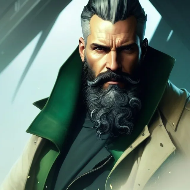 "MIddle aged white human male, with a trimmed but uneven beard, piercing green eyes with slick back hair,complete head and shoulders portrait, 8k resolution concept art portrait by Greg Rutkowski, Artgerm, WLOP, Alphonse Mucha dynamic lighting hyperdetailed intricately detailed Splash art trending on Artstation triadic colors Unreal Engine 5 volumetric lighting Splash art fantasy"