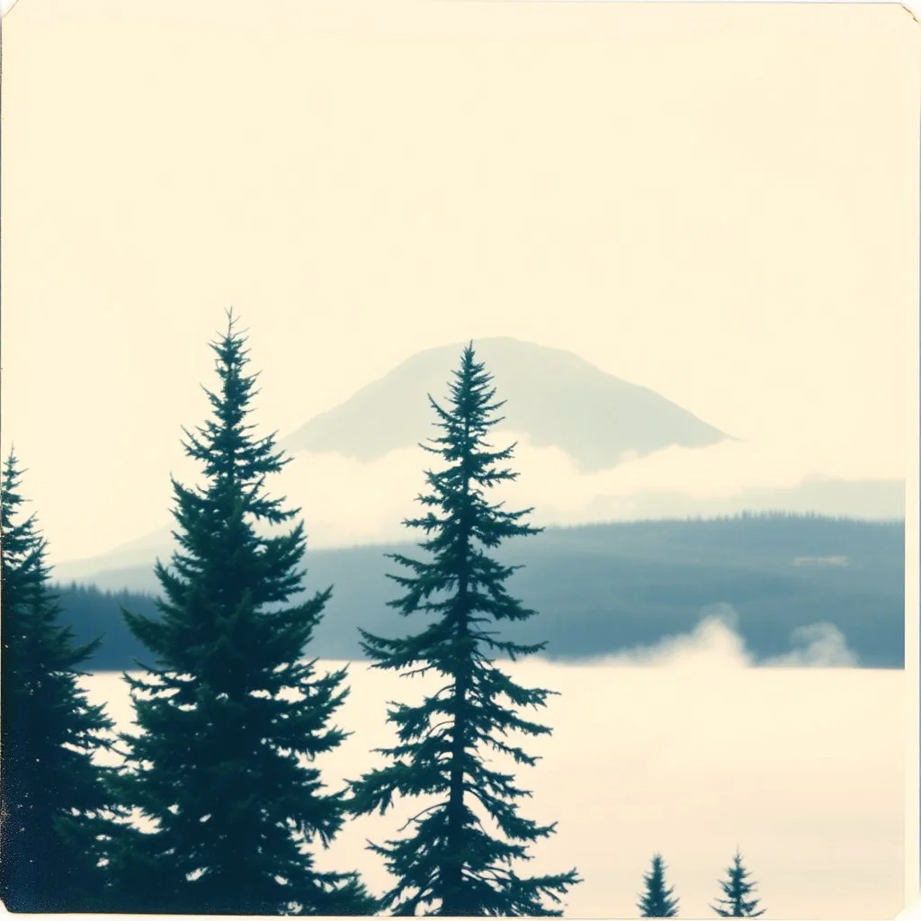 A polaroid photo of a group of fir trees in the background and a high hill in the distance. A lake. The surface below is in a pastel color. Fog is present.
