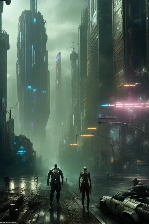 post-apocalyptic robots in a cyberpunk city, realistic, intriacte detail, sci-fi fantasy style, volumetric lighting, particales,highly detailed, wide shot, cinamatic, Zack Snyder stlye, deep colours,