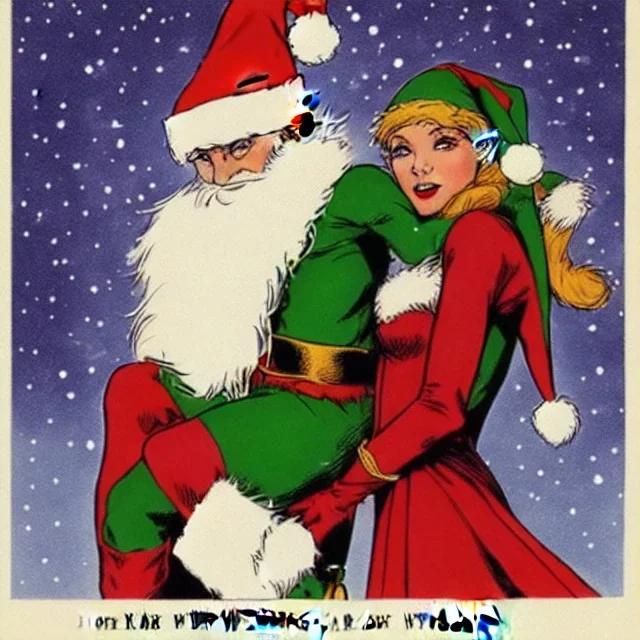 two elves. woman and man. Christmas scene. poster. marvel comic. low-key