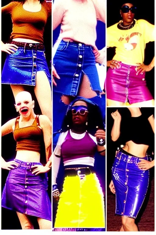 year 1996 denim fashion. Loose skirt, low waist. Colors: denim blue, blue, purple, cream, khaki, light green, lilac, plum, orange, terracotta, red, light yellow, pink, dark blue, beige. Latex in small part. Cheetah pattern. Gwen Stephani, Missy Elliot, Shirley Manson.Cargo pants