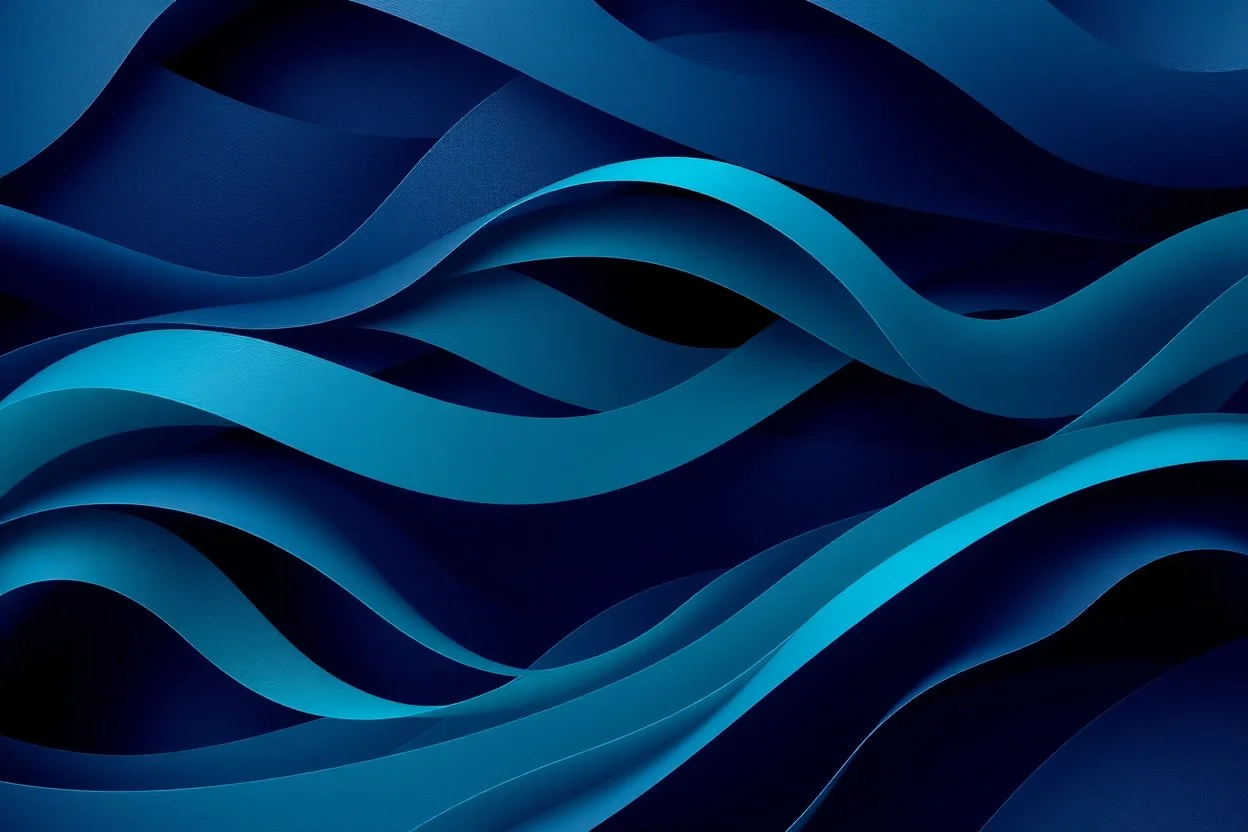 An abstract composition inspired by oceanic motion, with overlapping waves of deep navy and vibrant teal. The ribbons flow in a rhythmic, spiraling motion with subtle gradients and soft lighting that emphasizes the layered, curving forms. Cinematic lighting with a focus on depth and smooth transitions.