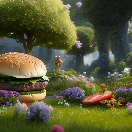 pixar style, volumetric summer garden environment and background, realistic painting of steak burger, looking excited, volumetric lighting, dramatic lighting, detailed digital painting, extreme dense and fine fur, anime, ornate, colour-washed colors, elegant, small minutiae, tiny features, particulars, centered, smooth, sharp focus, renderman gofur render, 8k, uhd, detailed eyes, realistic shaded volumetric lighting, sunlight caustics, backlight, centered camera view