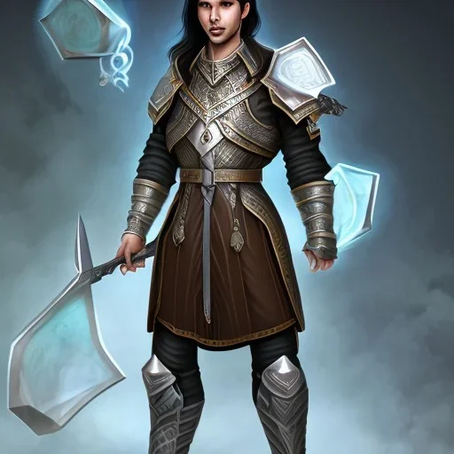 D&D character, male, long black hair, dark tan skin, artificer, holding gun, light armor, silver armor