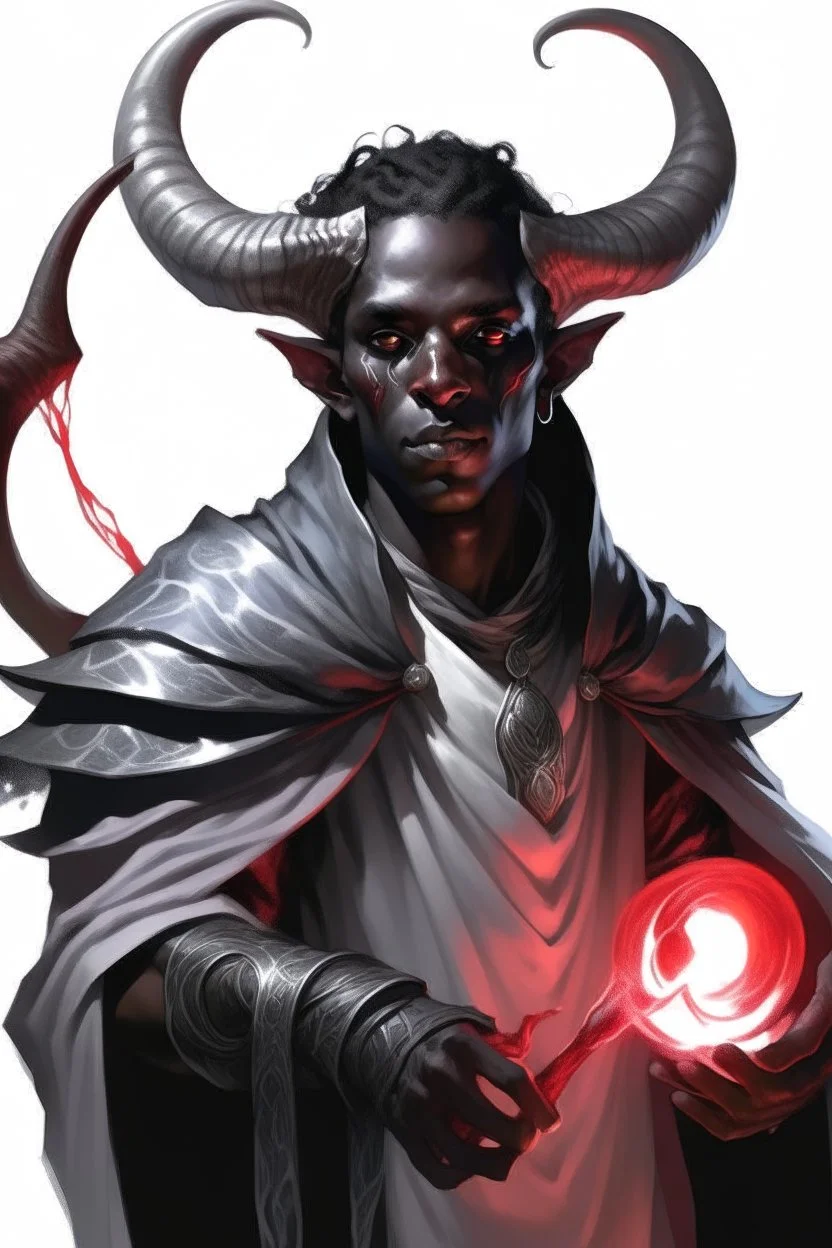 En Young male black skin black hair tiefling Wizard with large horns fra dnd. a book with Arcane Magic floating in front of him. in a silver and White Rope and a silver cloak. His horn a perfectly place on acet from the front to the back pointing upwards with glowing Red cat Eyes. His close is elegant get simple. Casting and ice spell