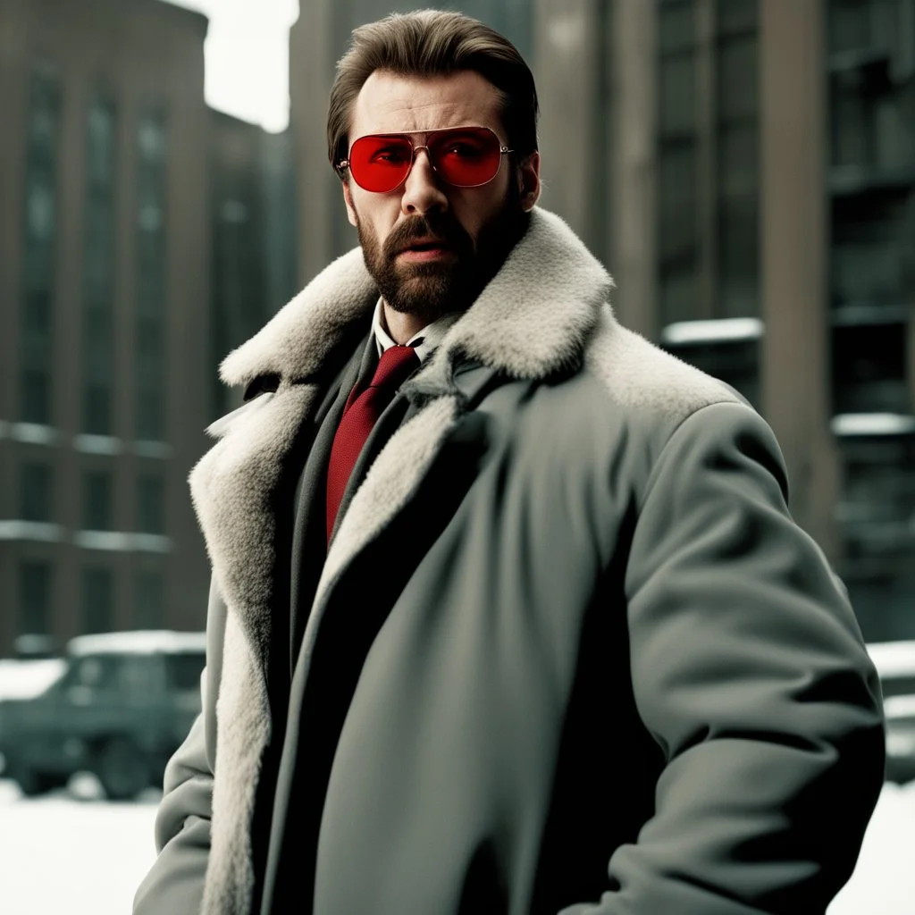 a young man with big muscles who looks like hans gruber wearing a heavy coat and red sunglasses staring with a disgusted look on his face