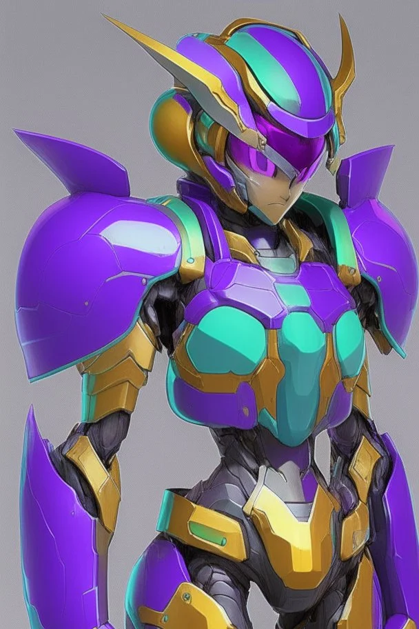 One Genderless Cyborg made of metal, has a human like face with a really long violet ponytail, the armor is similar to Omega from Megaman. The color palatte of the armour is deep purple and yellow. They have clear visor, and have Turquoise colured eyes.