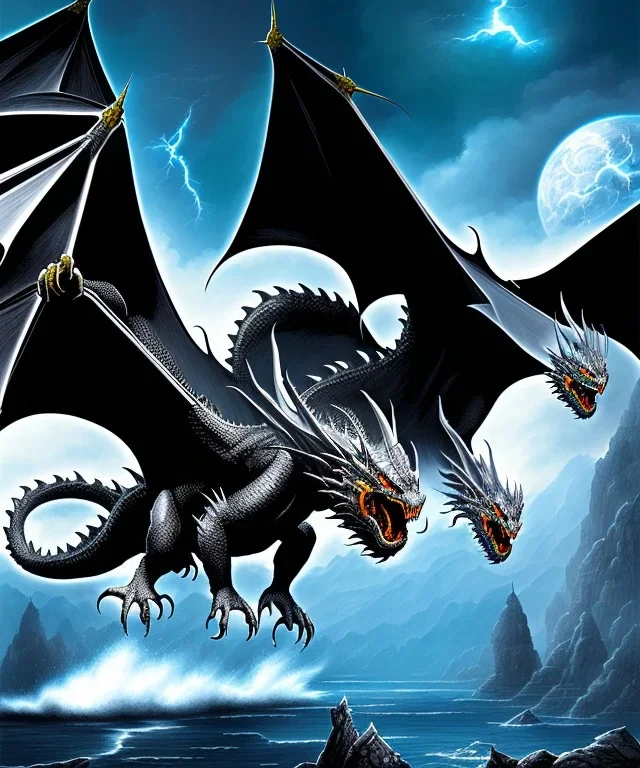 A black dragon of great magnitude, fantasy, realistic,