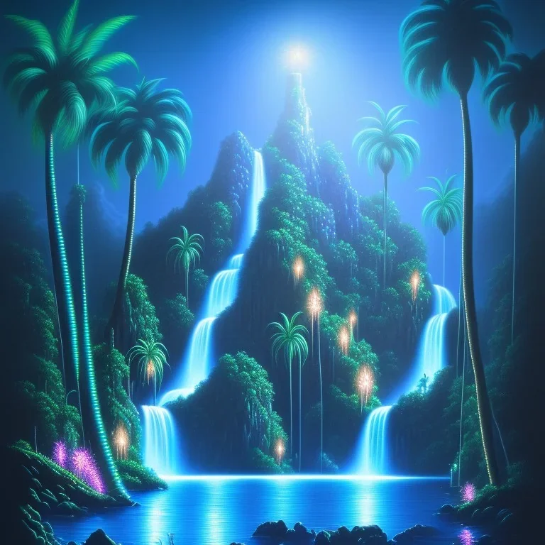 turquoise neon waterfall with palm trees sparkling at night in a cave detailed realistic glowing