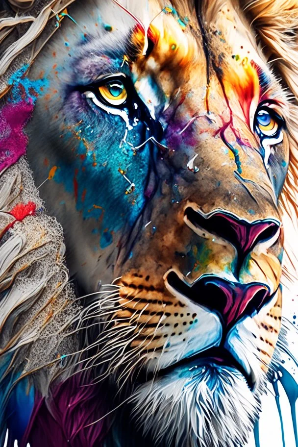 "lion", clean design, epic Instagram, art station, splash of colorful paint, contour, ((solid white background)), closeup, looking into camera, hyperdetailed intricately detailed, unreal engine, fantastical, cinema lighting, intricate detail, splash screen, complementary colors, fantasy concept art, 8k resolution, DeviantArt masterpiece, watercolor, paint dripping
