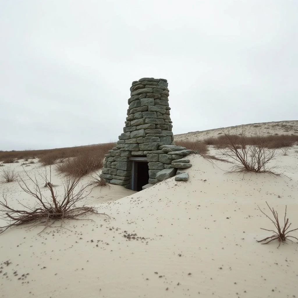 Fotografia di una ciminiera moderna brutalista, che sembra un tugurio, parzialmente sommersa. La struttura è erosa e inglobata dal paesaggio naturale, come se il tempo o l'ambiente avessero iniziato a "riassorbirla". L'atmosfera è desolata e surreale, con un ambiente circostante spoglio e sabbioso hasselblad h6d400c