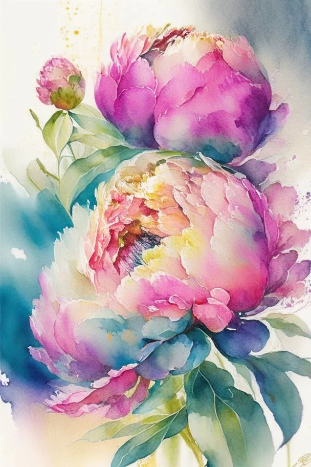 peonies, watercolor painting, ultrasharp, realistic colors, with some splashes of mixed colors