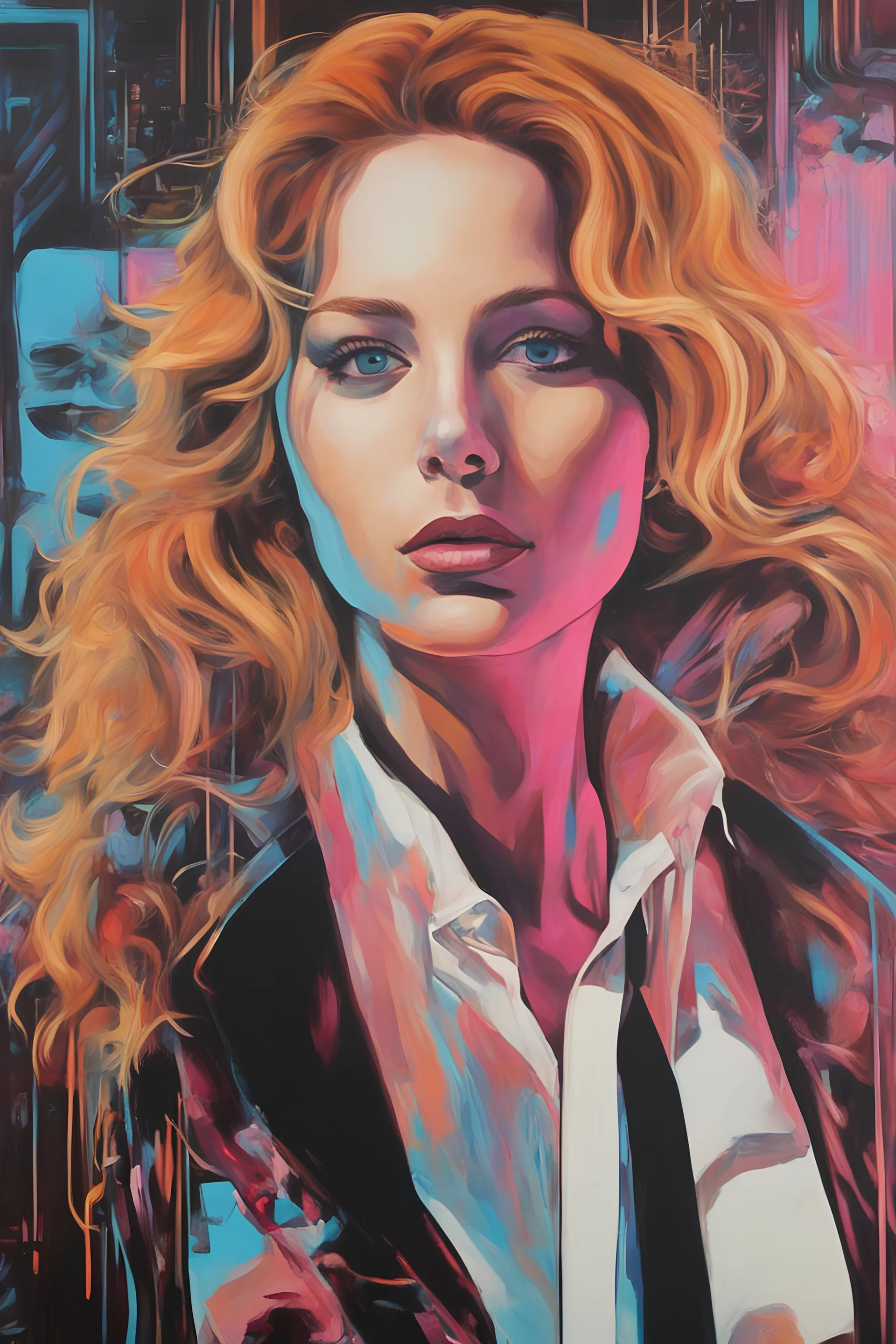 Miami Vice the 2024th century oil paiting.Hans Ruedi Giger style Ginger hair Jennifer Lawrence erect bombshells Pop Art psychology oil paiting In depth psychology display in the background in the city artgerm display in the Miami Vice the 2024th century oil paiting.