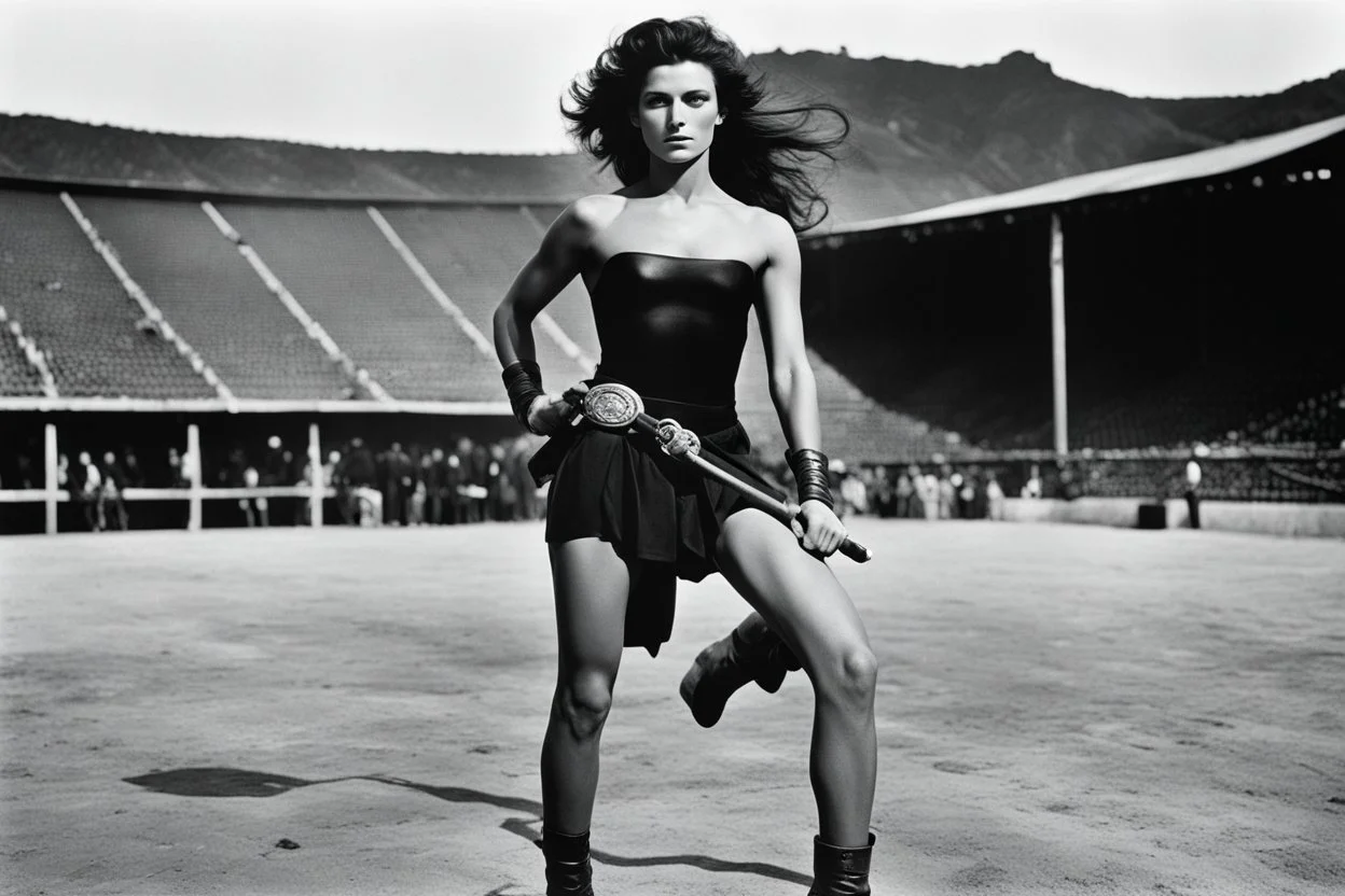 [photo by helmut newton in the arena] Her complexion, after years spent training under the sun, bore the mark of a warrior who had weathered countless battles. Though her face spoke of hardship, there was also an air of grace and serenity that emanated from her every pore. Selene's physique was a testament to her dedication and discipline. Her muscular frame hinted at her physical prowess, yet her movements were fluid, as if she danced with the wind itself. Every sinew and muscle fiber was hone