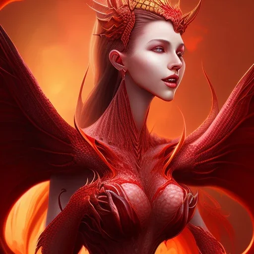 A full body portrait of a red dragon girl,smiling, wings, realistic,