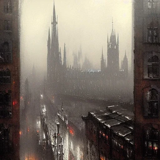 Skyline, View from a snow rain rooftops of corner gothic Buildings, Central station, Piccadilly, Uphill roads, elevated trains, Gothic Metropolis , Neogothic architecture, Metropolis Fritz Lang by Jeremy mann, John atkinson Grimshaw, "Gothic architecture, London, edimburgh, Chicago Prague by Jeremy mann"