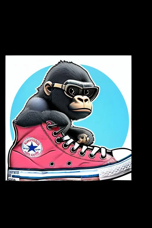 a profile picture of a small gorilla sitting in a blue Converse sneaker, like it's a car, comic style