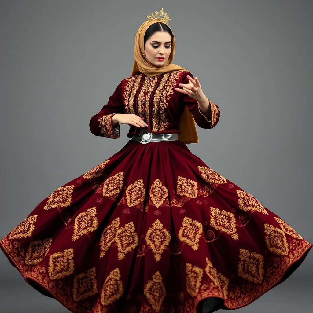 Medium shot of an Azeri woman dancing in a traditional “Arkhalig” velvet jacket and a long, flowing “Tuman” skirt embroidered with gold “Buta” patterns. She wears a “Gümüş Kemer” (silver belt) and a “Ruband” silk headscarf held by a gold “Tiara.” Her hands are performing “Şana” (comb-like) finger movements. She spins slowly, the heavy fabric of her dress billowing outward in a controlled, elegant circle.