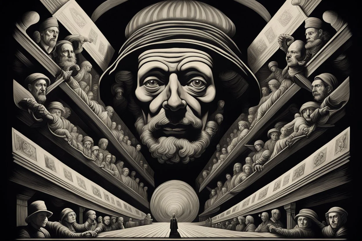 propaganda poster in the style of Rembrandt, Escher and Giger
