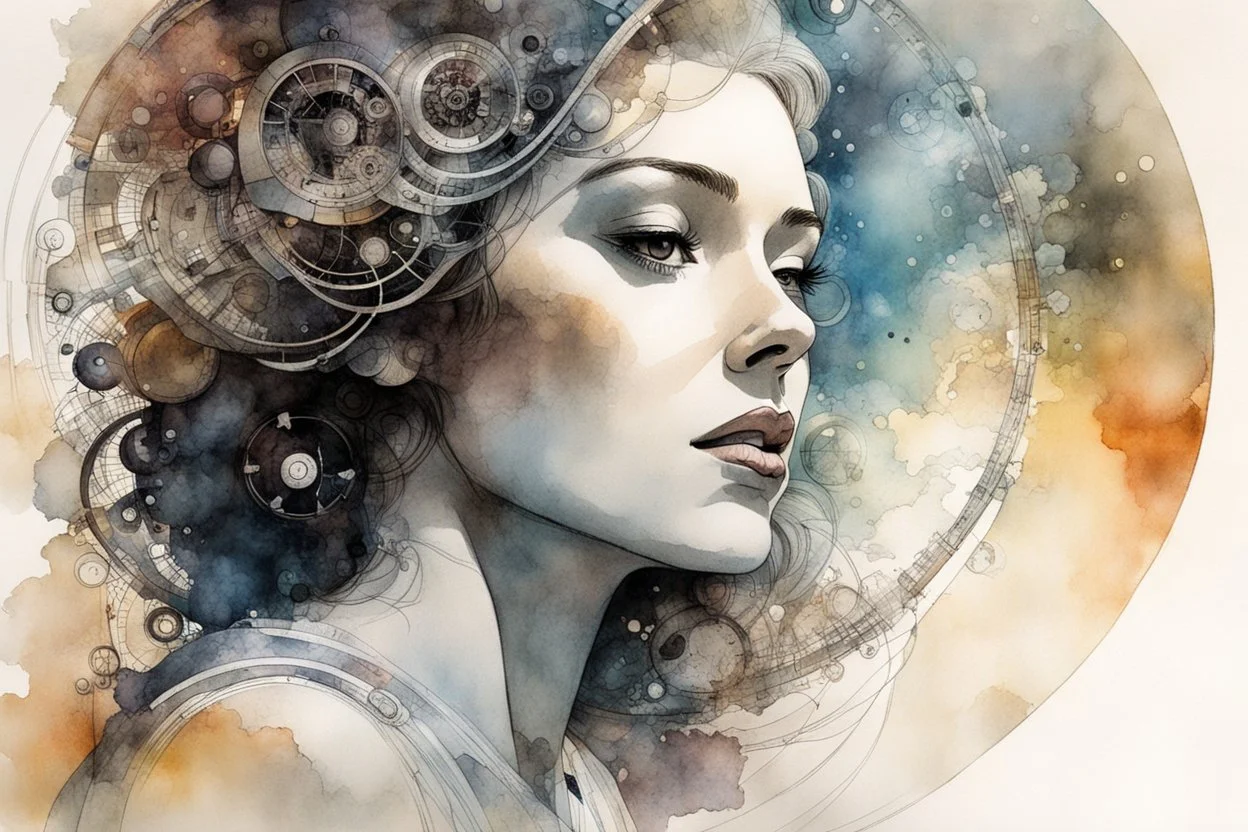 an ink wash and watercolor portrait of the inner workings of the cosmic clockwork mind as she wonders at her own existence , Tracy Adams , Gabriel Pacheco , Douglas Smith , Bill Sienkiewicz, and Jean Giraud Moebius , muted natural color, sharp focus, ethereal and filled with wonder