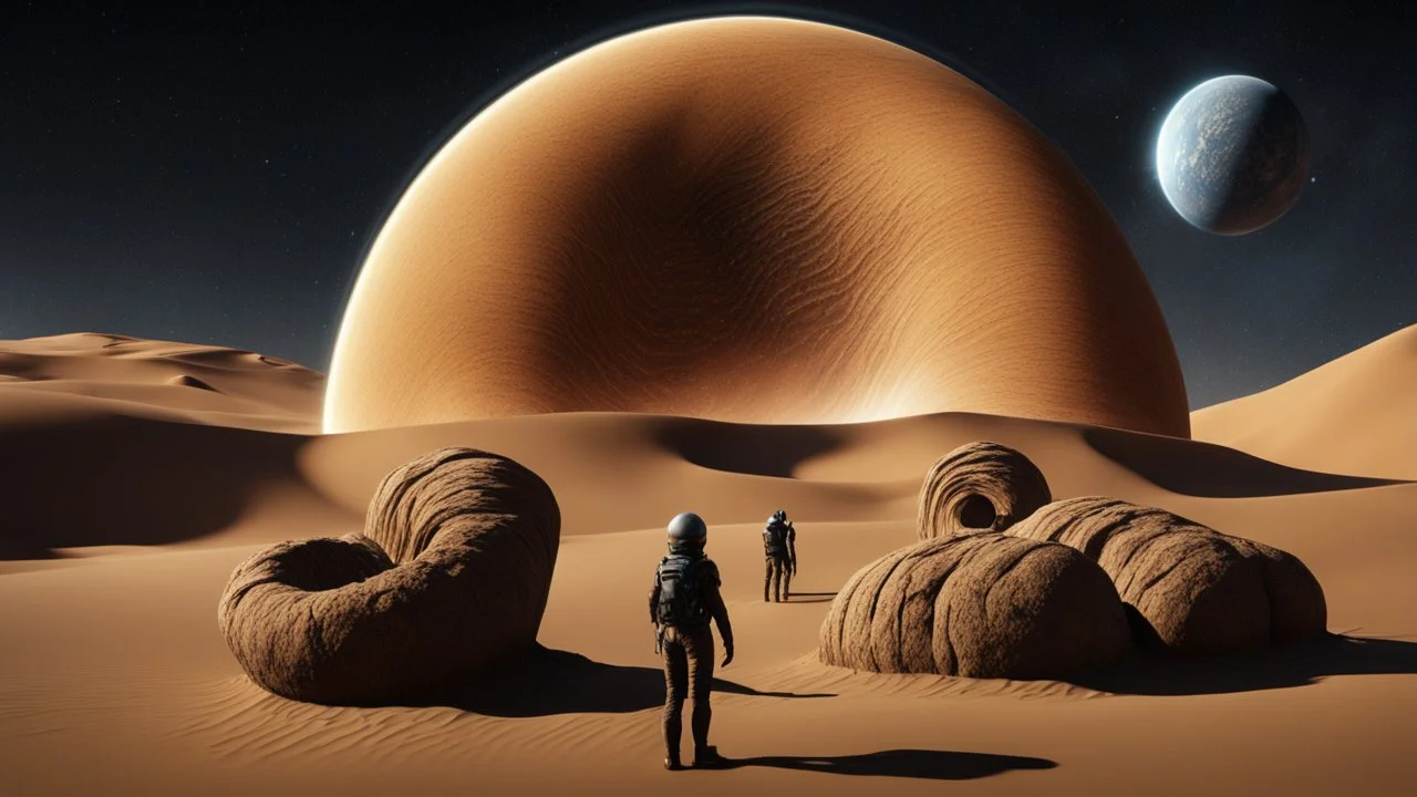 4k, hyper-realistic, Ultra-HD, Ray-tracing, Alien planet, mountainous, Has asteroid belt, milky way, stars, dark, black hole, Sand Worm rising from dunes, creatures, based on Dune movie (2021), no people