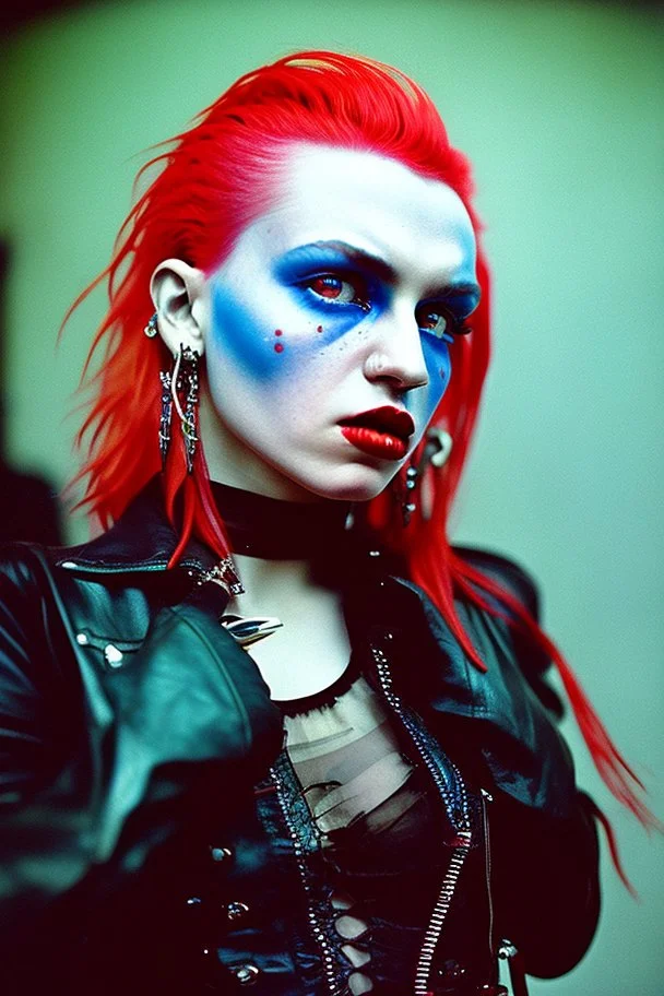 photo of a beautiful Polish young punk woman taken by a Mamiya M645 camera on colour medium-format film, red lips, blue eyes, red mohawk, black leather jacket, Ramones style, heavy boots, fishnet stockings, torn t-shirt, nosering, few earrings, belly ring