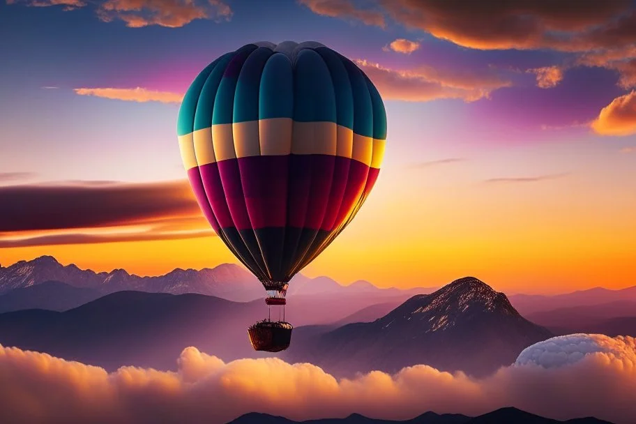 Hot air baloon at mountaintop, sunset, brilliant colors, puffy white clouds, cinematic, depth of field, realistic, hyper