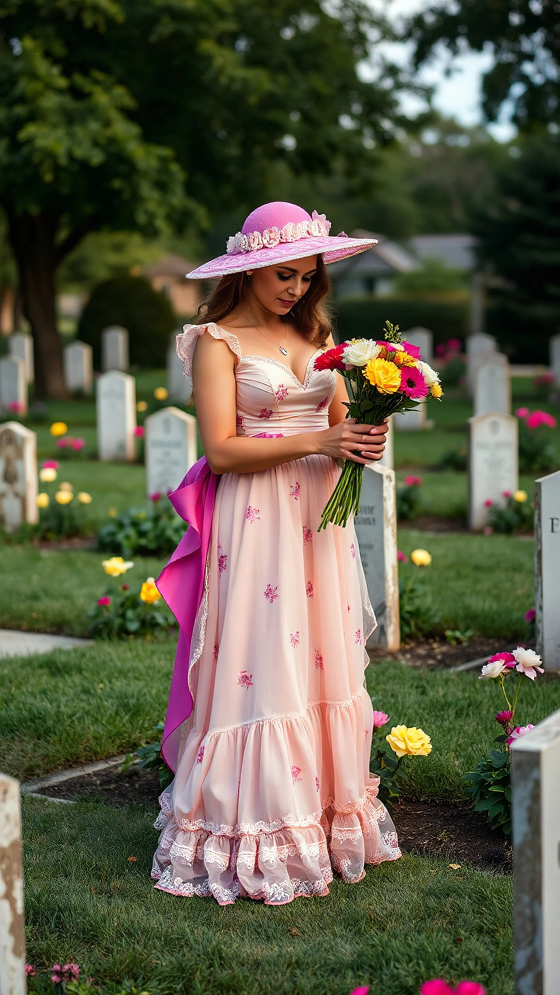 una chica con vestido de grave yard temp she is putting flowers on the Tomp