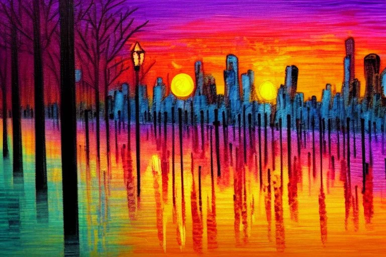 City, sunset, trees, retrowave influence, impressionism painting