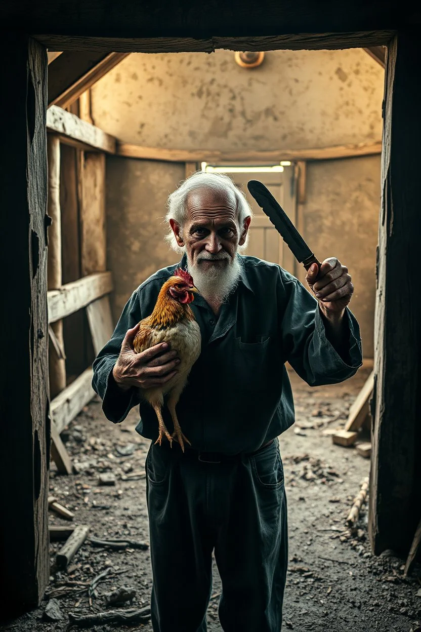 "A an old paints cracked dirty abandoned barn an old man holding a chicken from the neck in one hand and holding a knife on the other hand ,insanely detailed octane render trending on artstation, 8k artistic photography, photorealistic concept art, soft natural volumetric cinematic perfect light, chiaroscuro, award-winning photograph, masterpiece, oil on canvas, Raphael, Caravaggio, Greg Rutkowski, people, beksinski, Giger