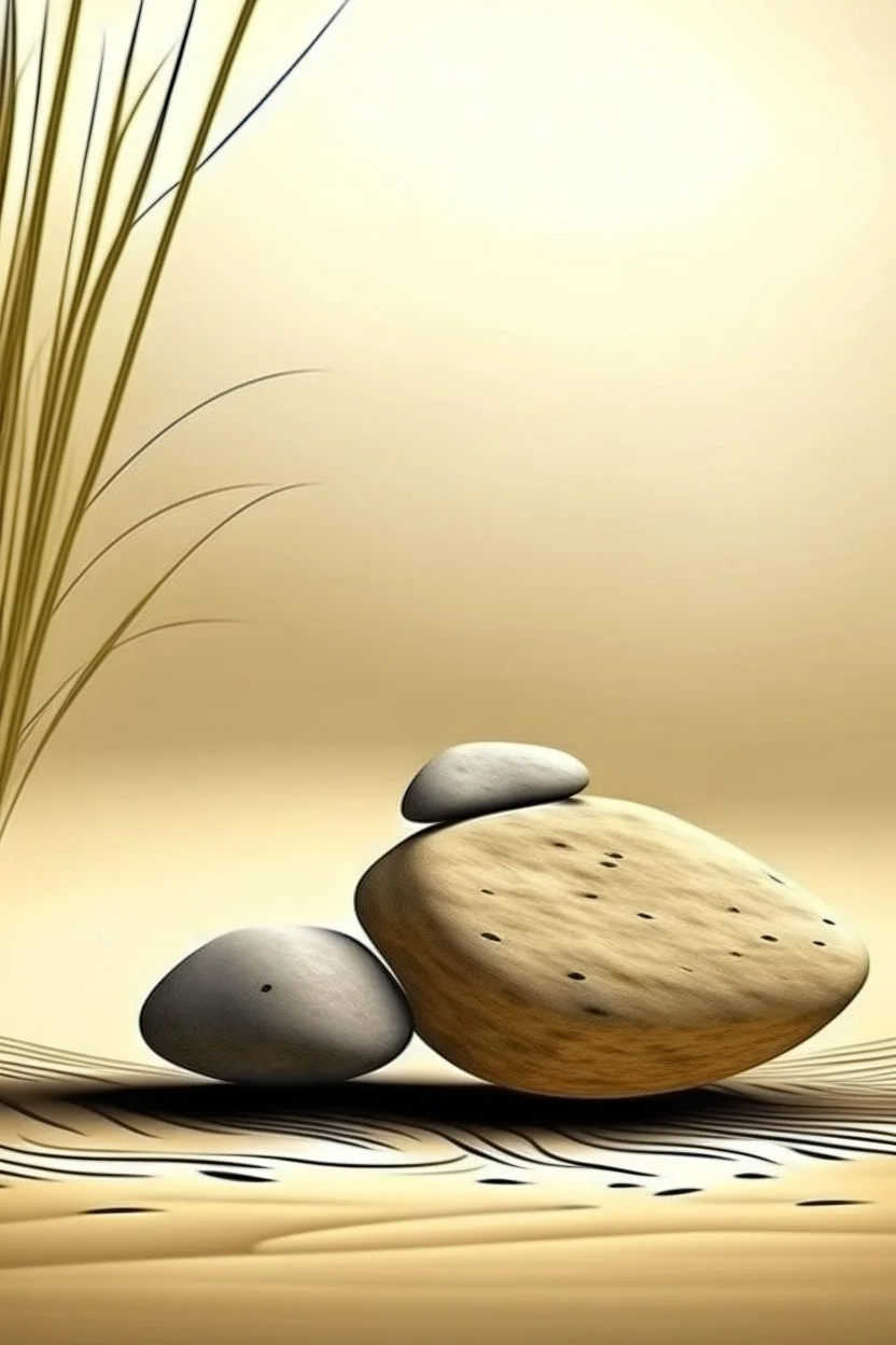 delicate background with spa stones and a bamboo stem, in the background sand on the stones abstract silhouette meditation, photorealistic photo